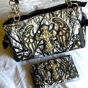 camouflage Black & white sparkly cross,stylish sparkly bag, and matching wallet